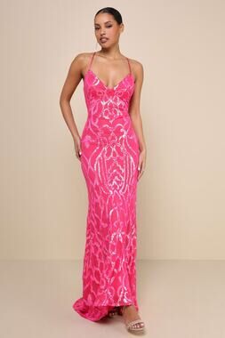 NWT Lulus Perfect Enchantment Hot Pink Sequin Lace-Up Mermaid Maxi Dress Ball XL